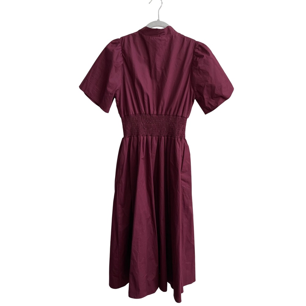 Style U Midi Dress Women Small Plum Smocked Waist Zip Front Cotton Puff Sleeve - Picture 5 of 10